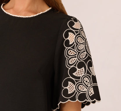 Short Sleeve Embroidered Lace Top In Black Ivory
