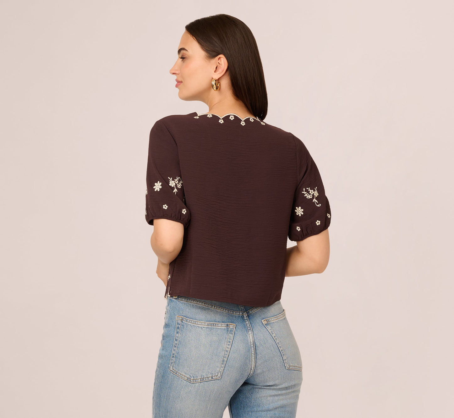 Puff Sleeve Embroidered Tie Front Top In Chocolate Ecru