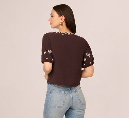 Puff Sleeve Embroidered Tie Front Top In Chocolate Ecru