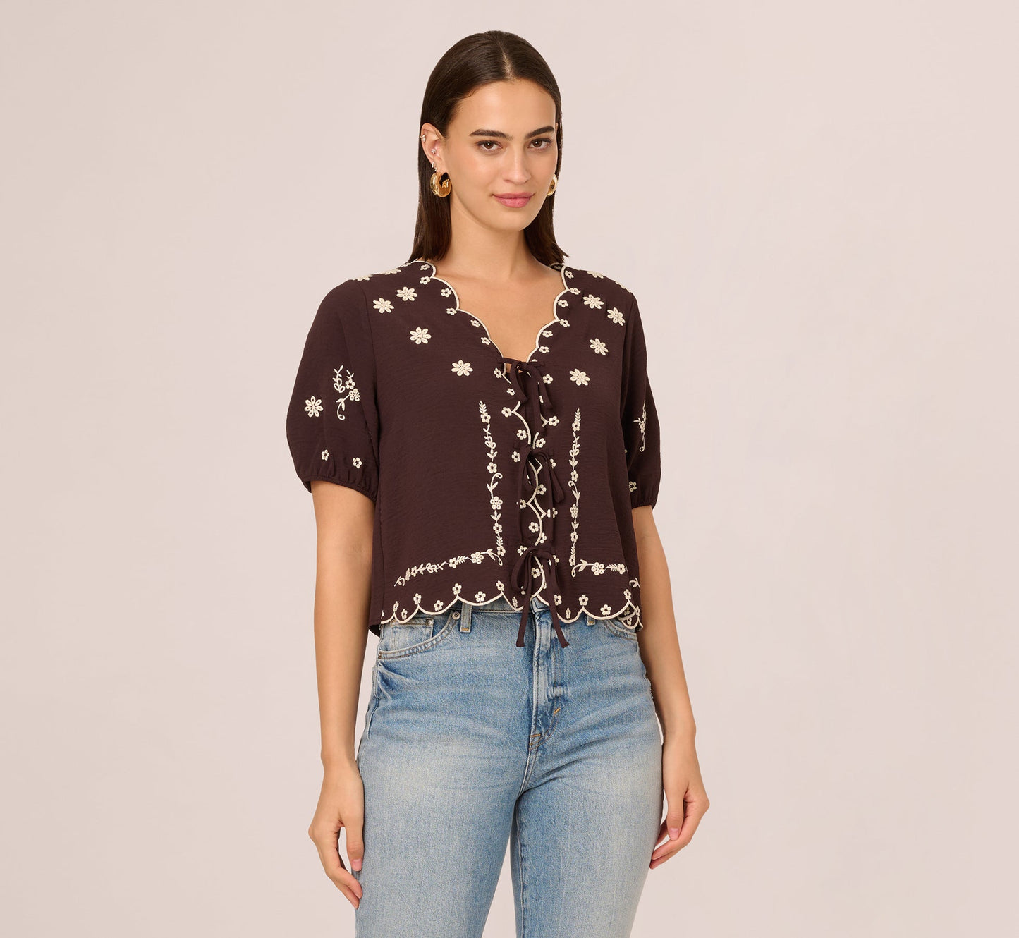 Puff Sleeve Embroidered Tie Front Top In Chocolate Ecru