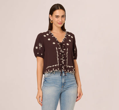 Puff Sleeve Embroidered Tie Front Top In Chocolate Ecru