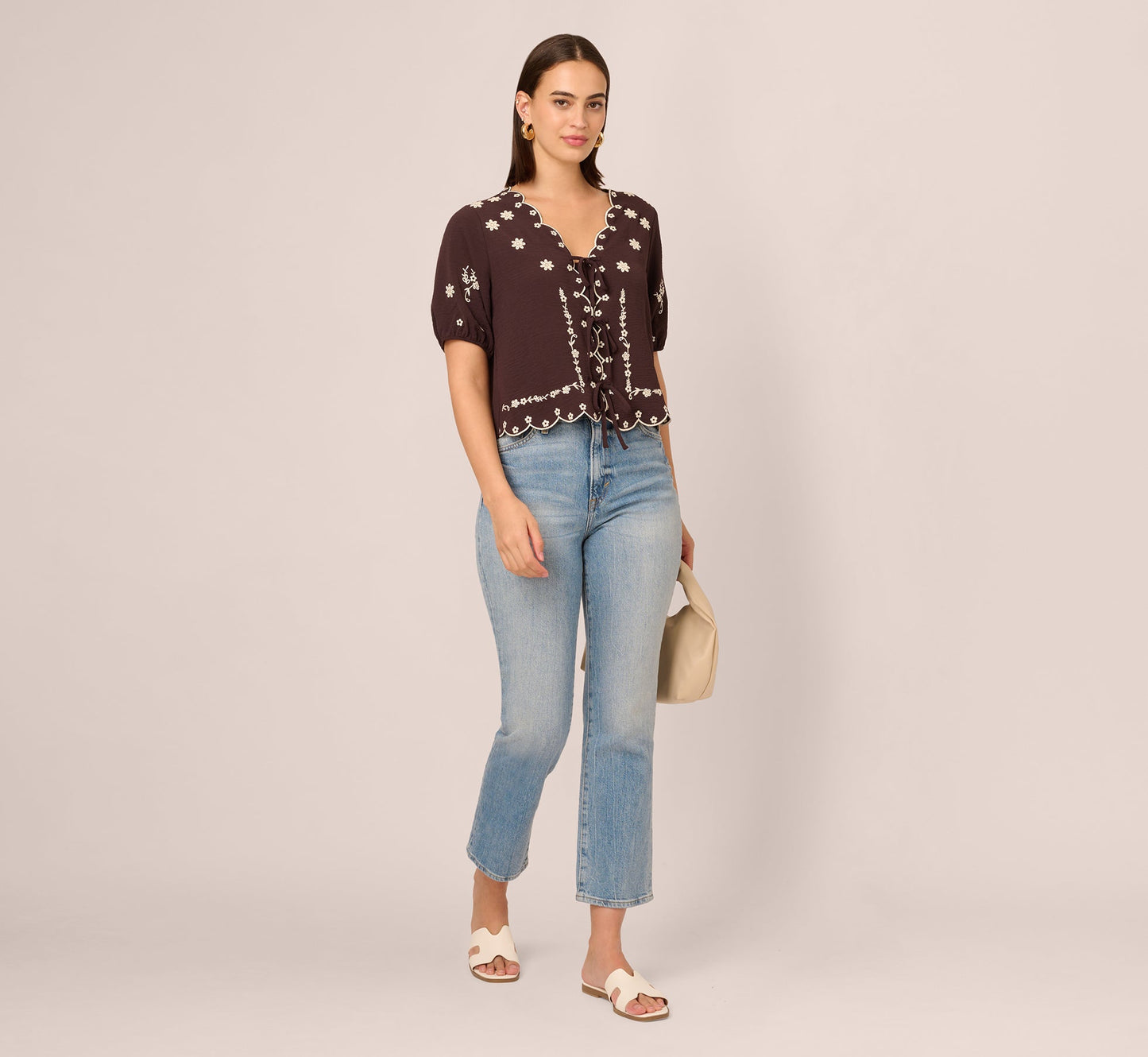 Puff Sleeve Embroidered Tie Front Top In Chocolate Ecru