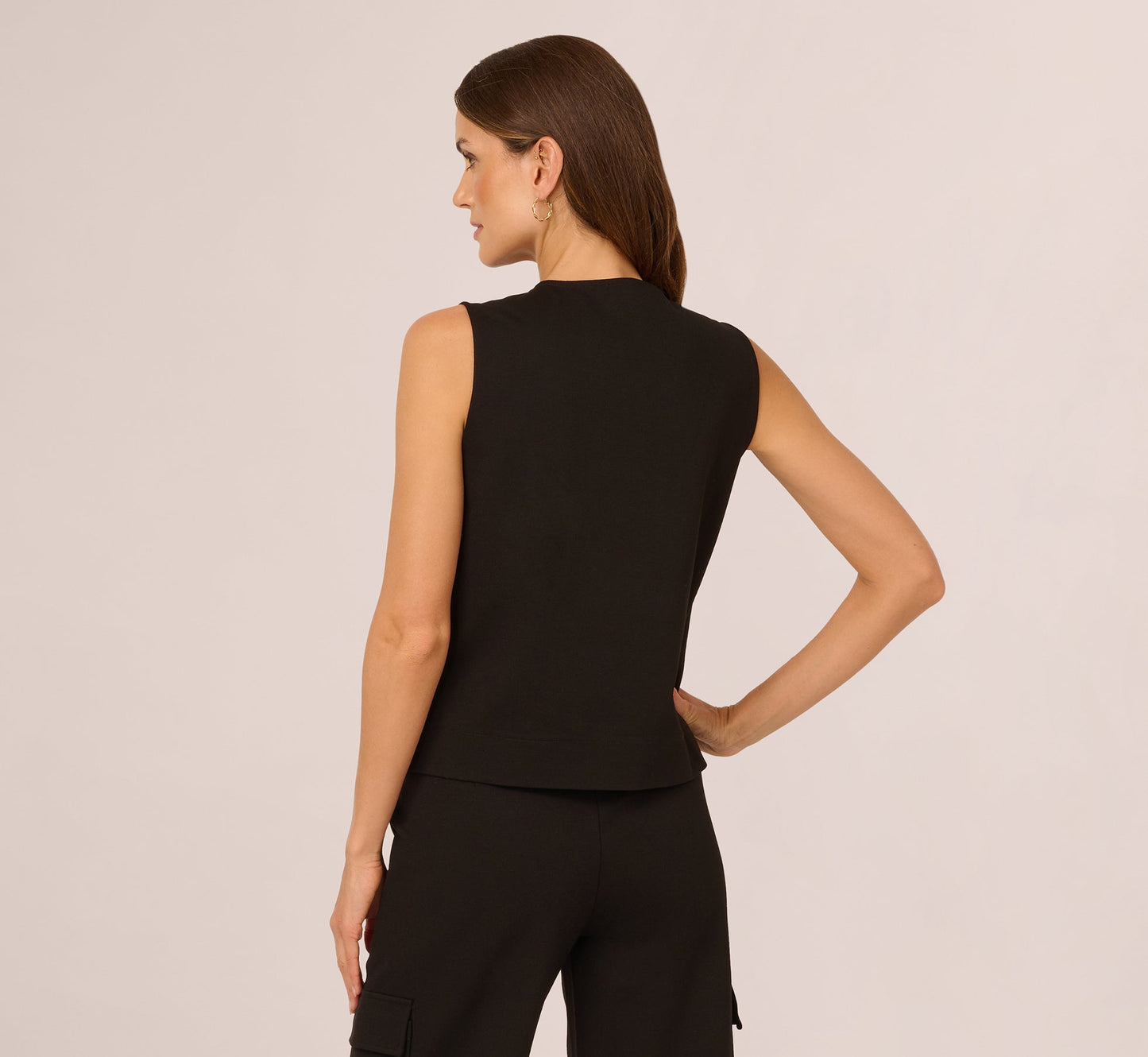 Button Front Ponte Vest Top In Black