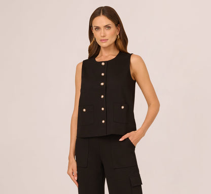 Button Front Ponte Vest Top In Black