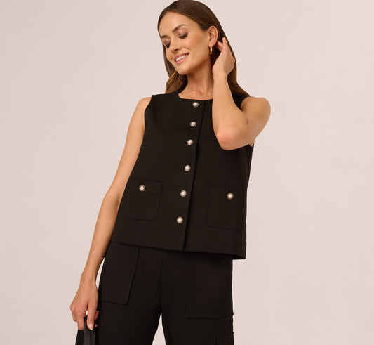 Button Front Ponte Vest Top In Black