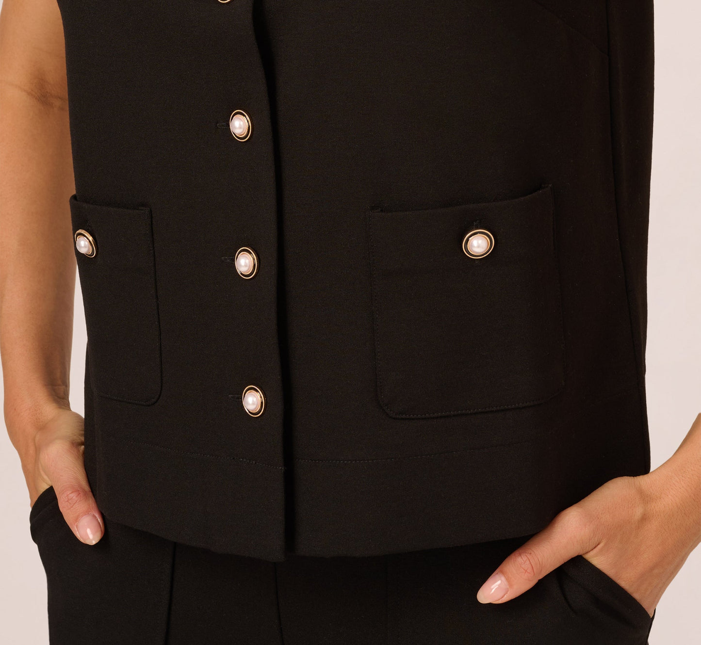 Button Front Ponte Vest Top In Black