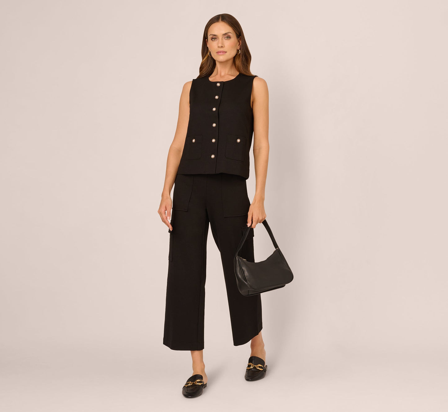 Button Front Ponte Vest Top In Black