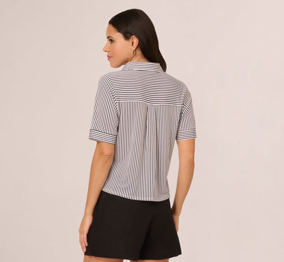 Short Sleeve Button Front Cropped Blouse In Ivory Navy Easy Stripe