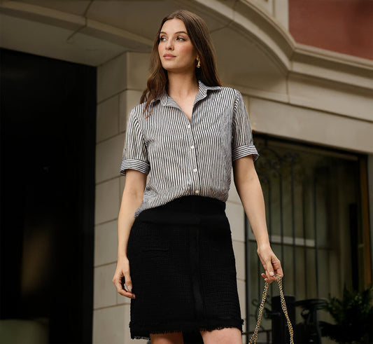 Short Sleeve Button Front Cropped Blouse In Ivory Navy Easy Stripe