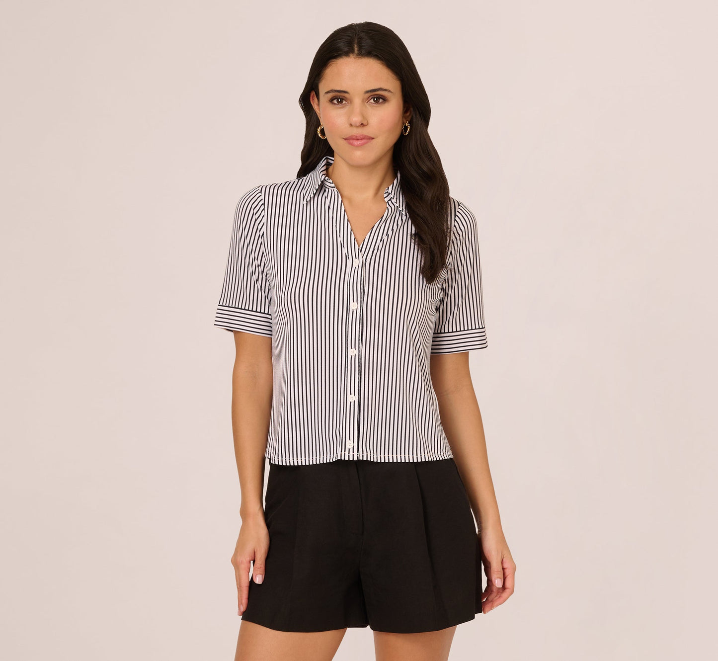 Short Sleeve Button Front Cropped Blouse In Ivory Navy Easy Stripe