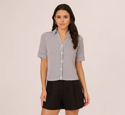 Short Sleeve Button Front Cropped Blouse In Ivory Navy Easy Stripe