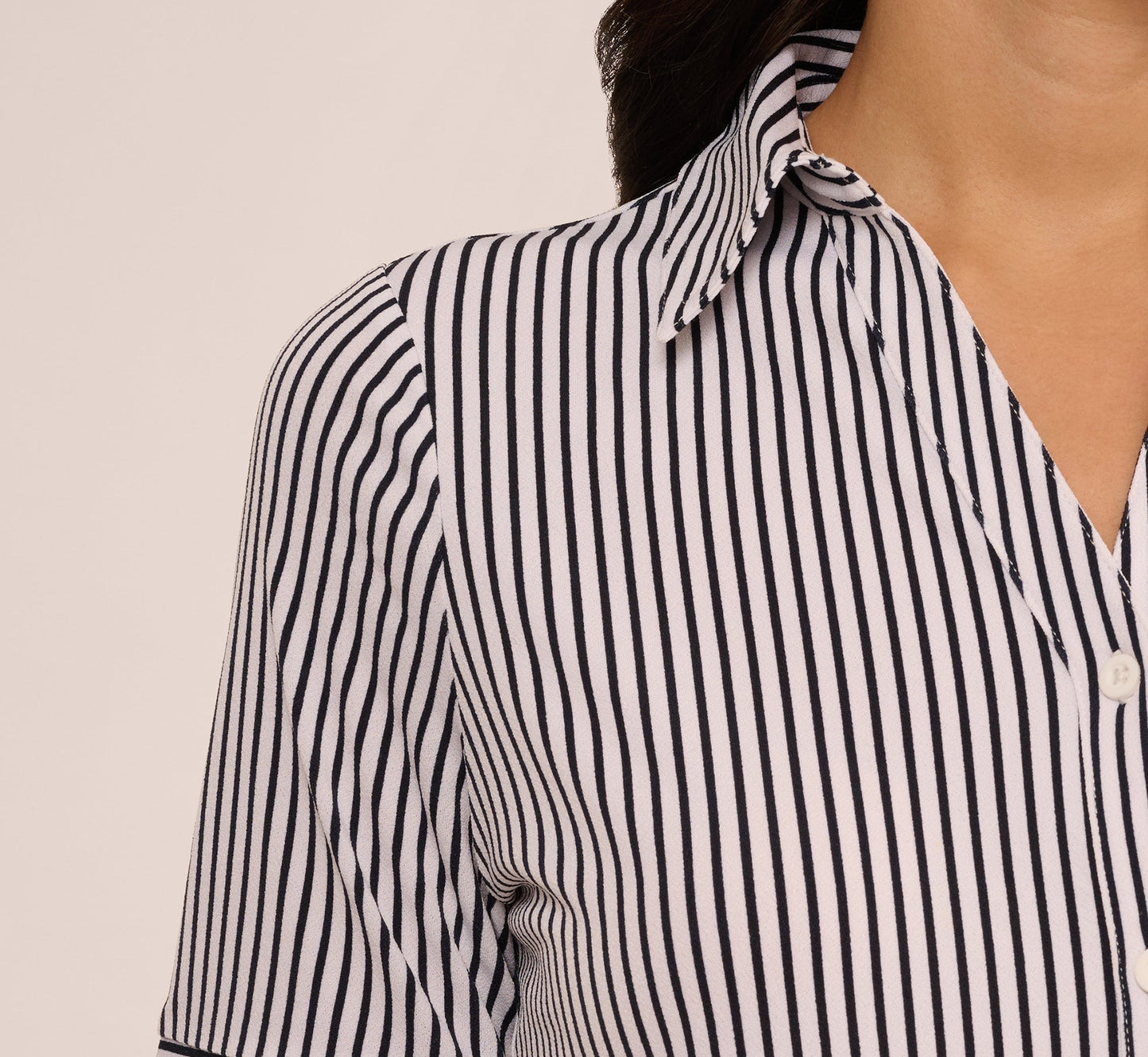 Short Sleeve Button Front Cropped Blouse In Ivory Navy Easy Stripe