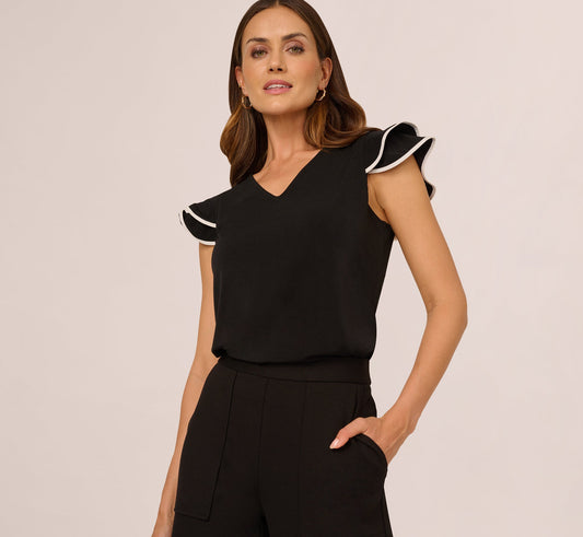 Flutter Sleeve Contrast Tipped Top In Black Ivory
