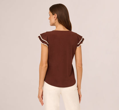 Flutter Sleeve Contrast Tipped Top In Shaved Chocolate Ecru
