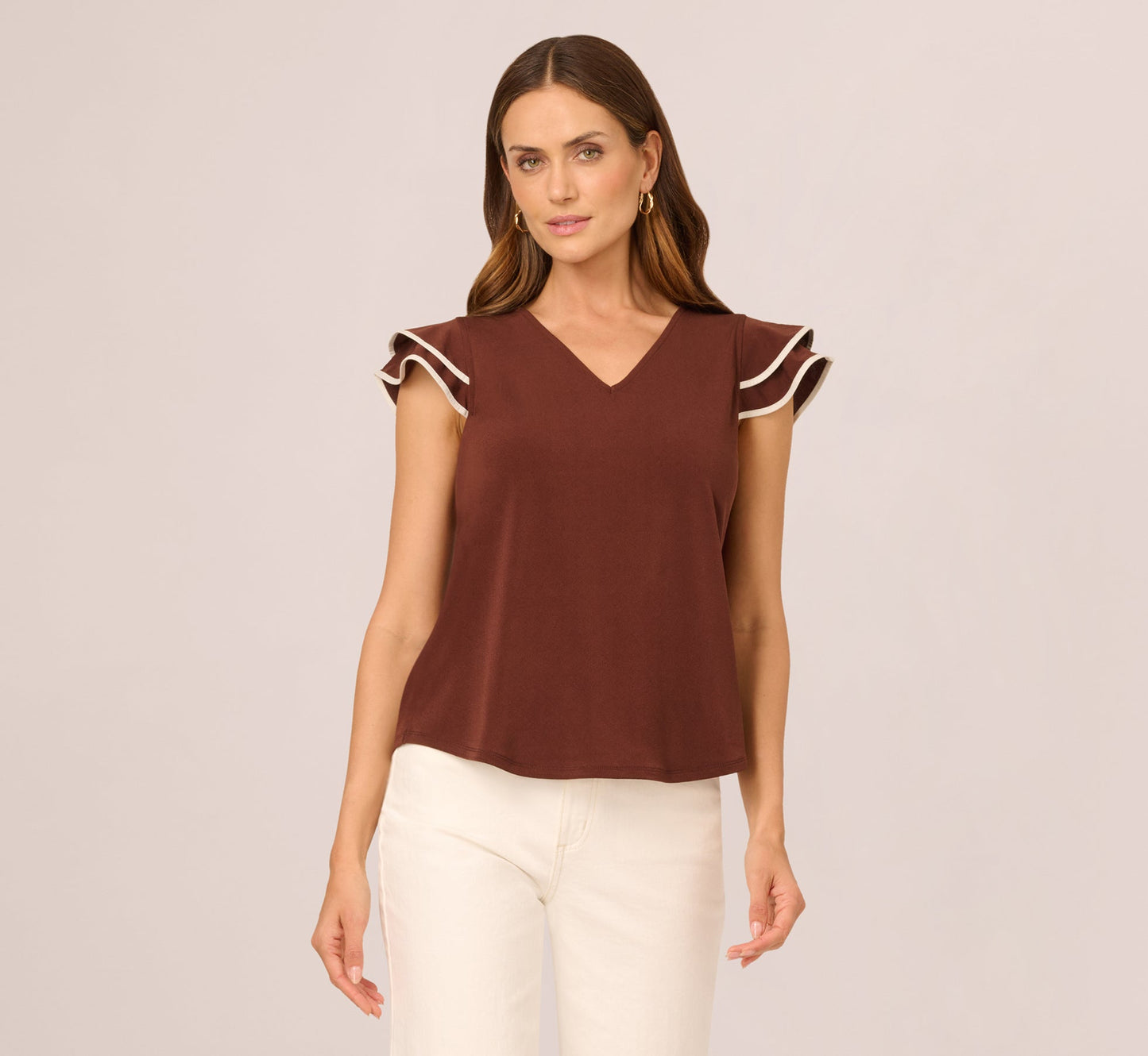 Flutter Sleeve Contrast Tipped Top In Shaved Chocolate Ecru