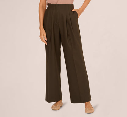 Wide Leg Pleated Trouser In Military Green