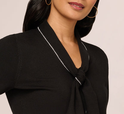 Short Sleeve Pearly Tie Neck Knit Top In Black