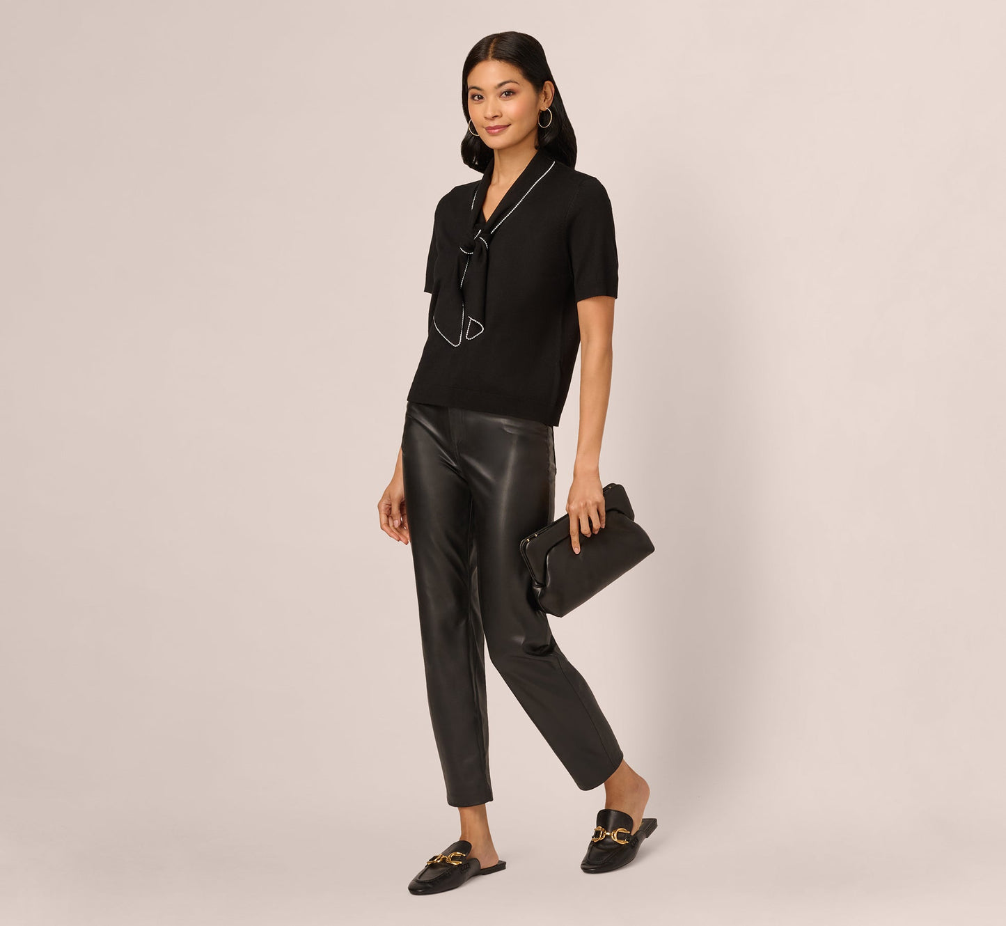 Short Sleeve Pearly Tie Neck Knit Top In Black