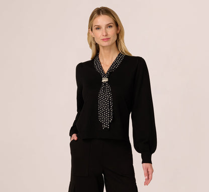 Long Sleeve Satin Neck Tie Sweater In Black W  Black Cream Dot