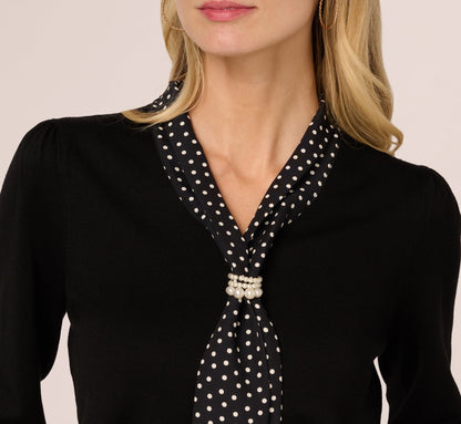 Long Sleeve Satin Neck Tie Sweater In Black W  Black Cream Dot