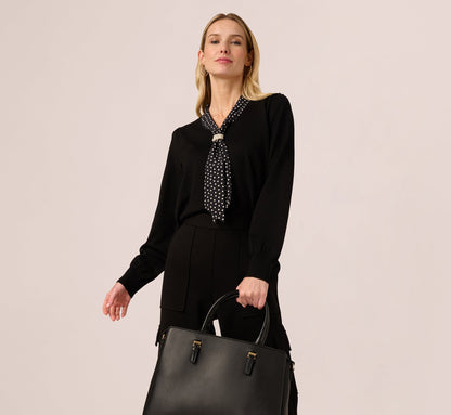 Long Sleeve Satin Neck Tie Sweater In Black W  Black Cream Dot