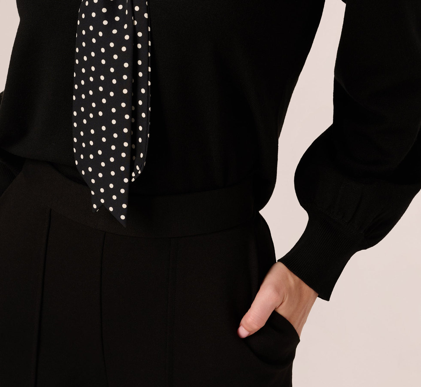 Long Sleeve Satin Neck Tie Sweater In Black W  Black Cream Dot