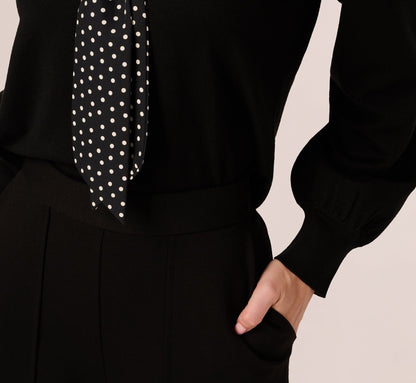 Long Sleeve Satin Neck Tie Sweater In Black W  Black Cream Dot
