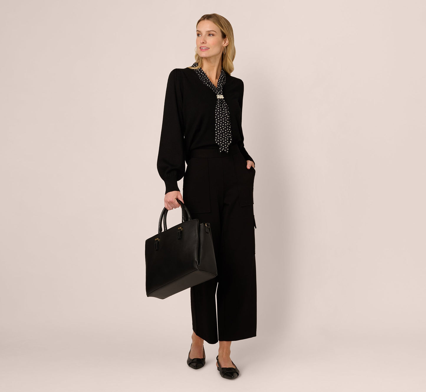 Long Sleeve Satin Neck Tie Sweater In Black W  Black Cream Dot