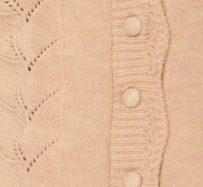 Long Sleeve Scalloped Pointelle Cardigan Sweater In Heather Fawn