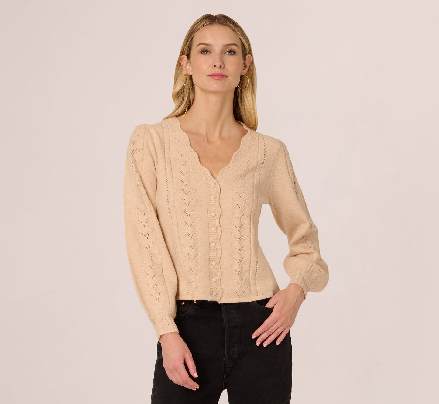 Long Sleeve Scalloped Pointelle Cardigan Sweater In Heather Fawn