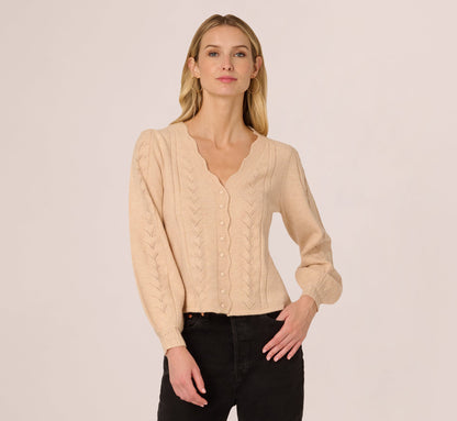 Long Sleeve Scalloped Pointelle Cardigan Sweater In Heather Fawn