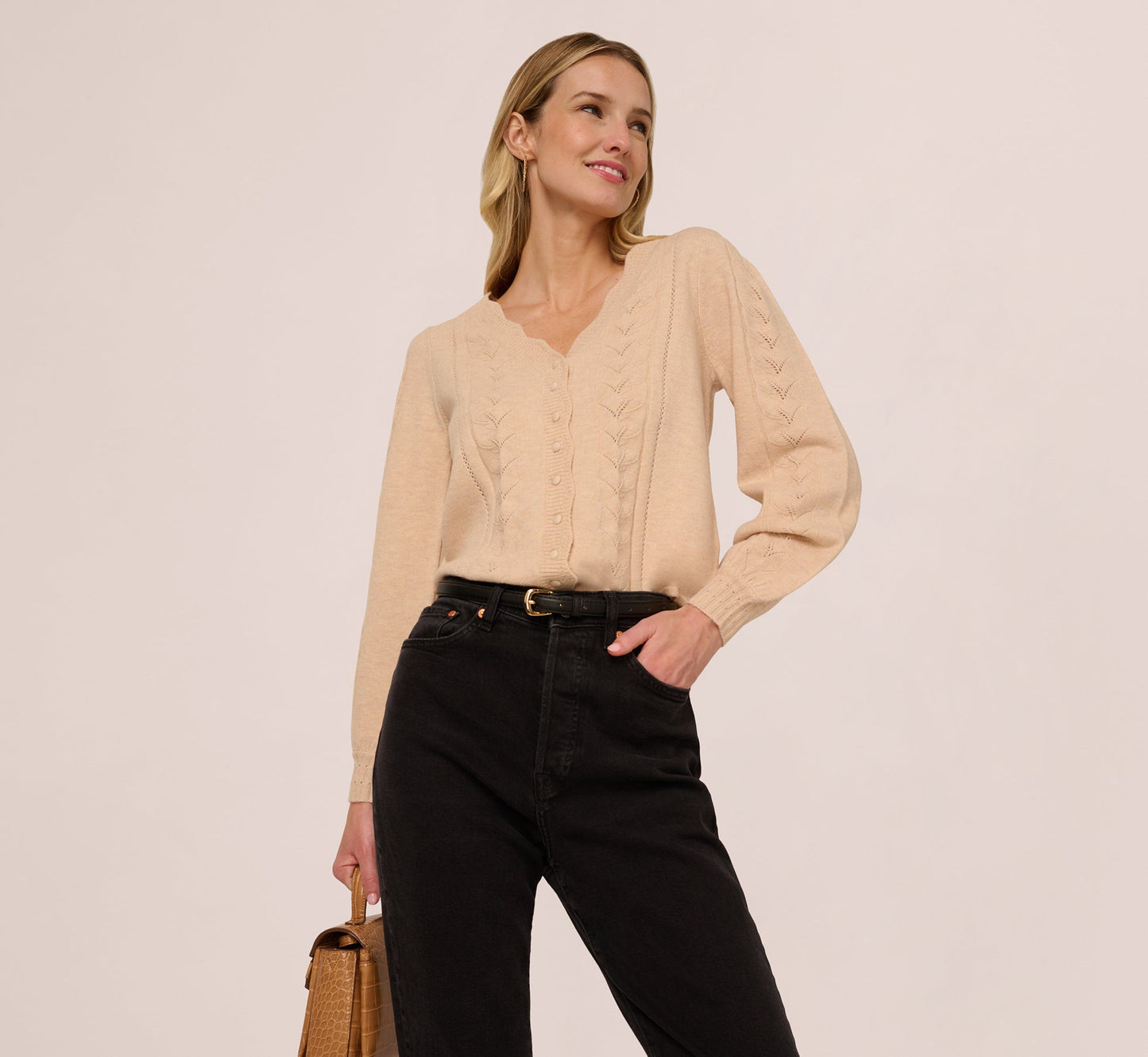 Long Sleeve Scalloped Pointelle Cardigan Sweater In Heather Fawn