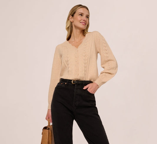 Long Sleeve Scalloped Pointelle Cardigan Sweater In Heather Fawn