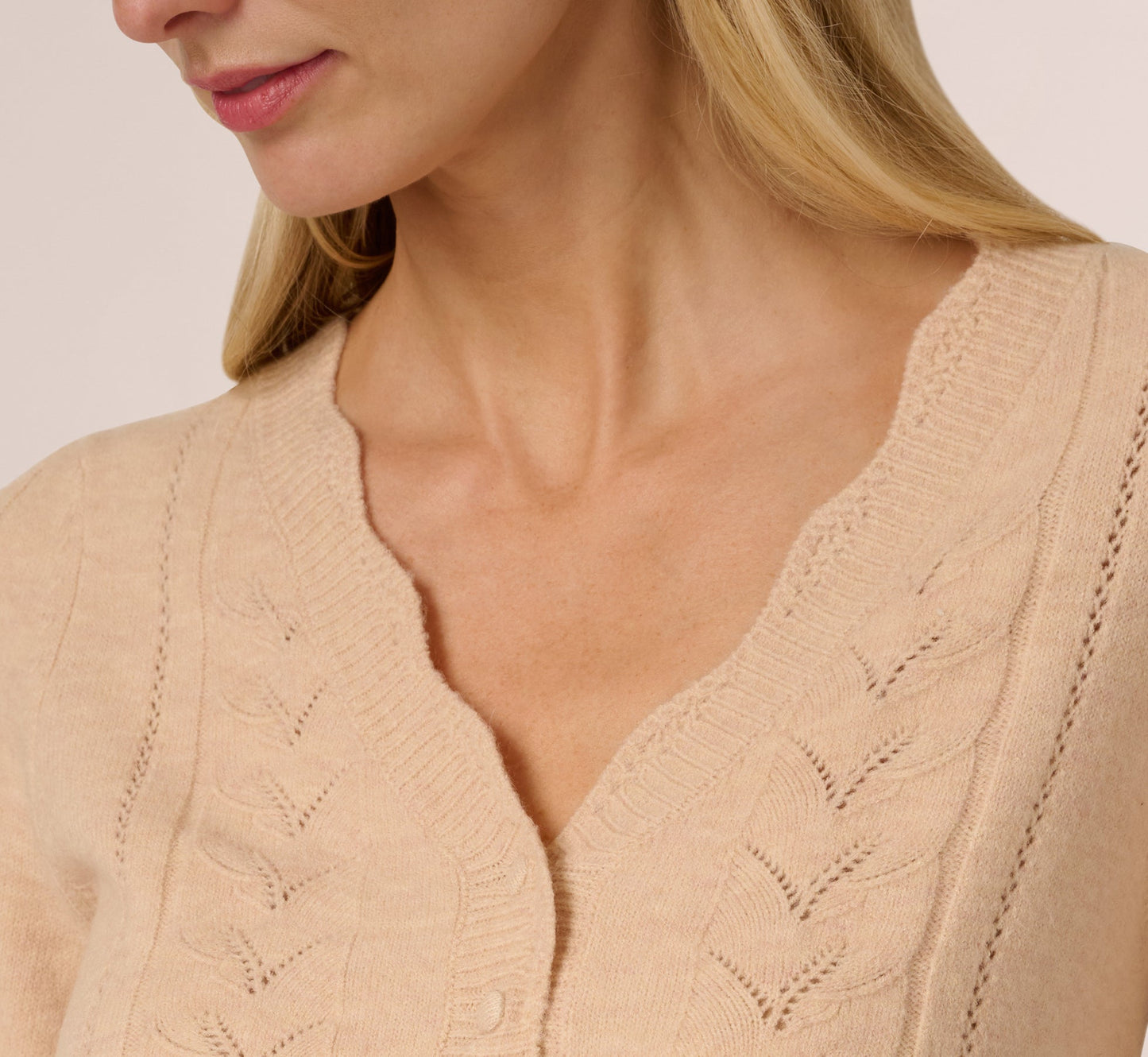 Long Sleeve Scalloped Pointelle Cardigan Sweater In Heather Fawn