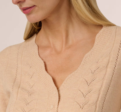 Long Sleeve Scalloped Pointelle Cardigan Sweater In Heather Fawn