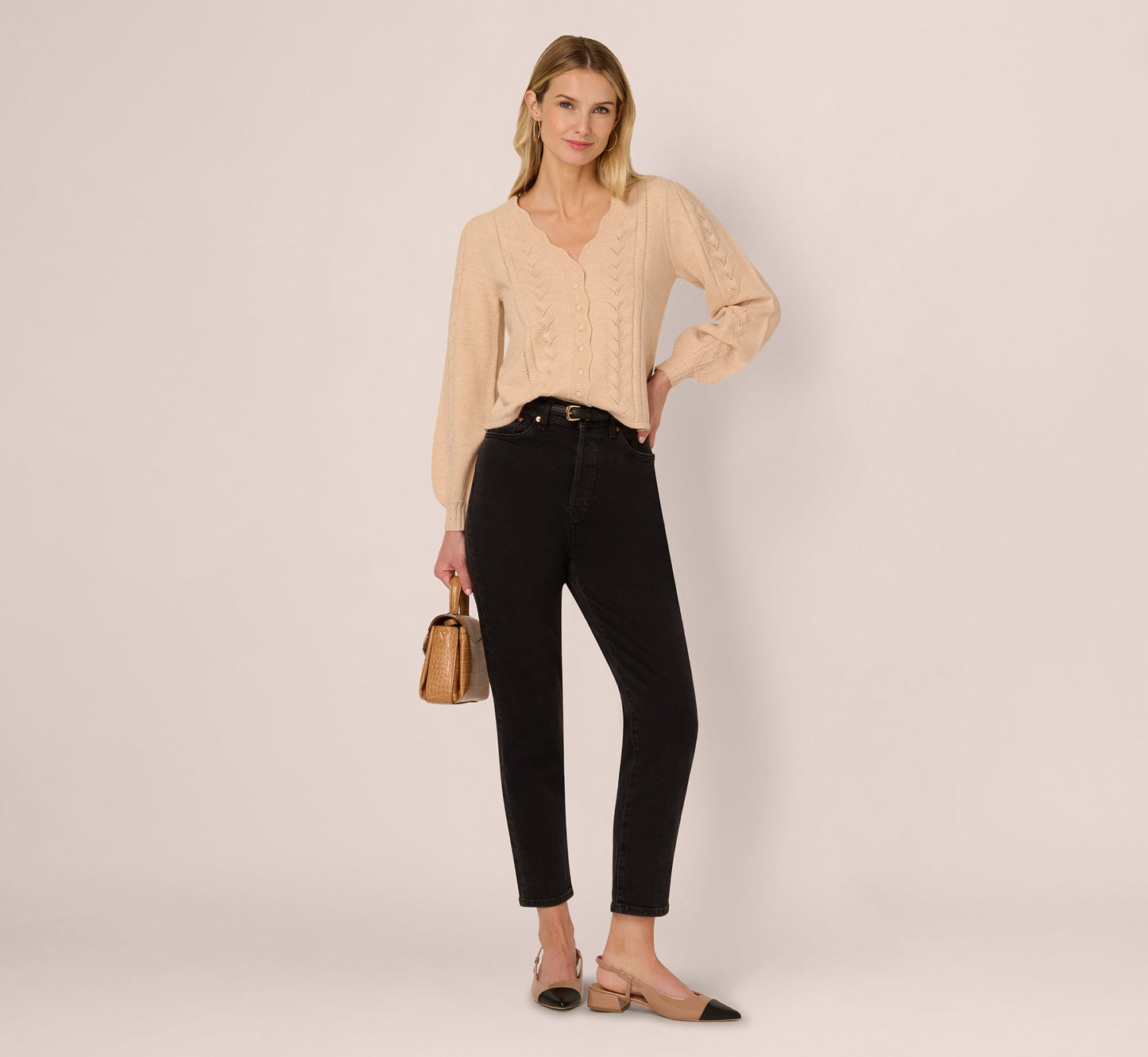 Long Sleeve Scalloped Pointelle Cardigan Sweater In Heather Fawn