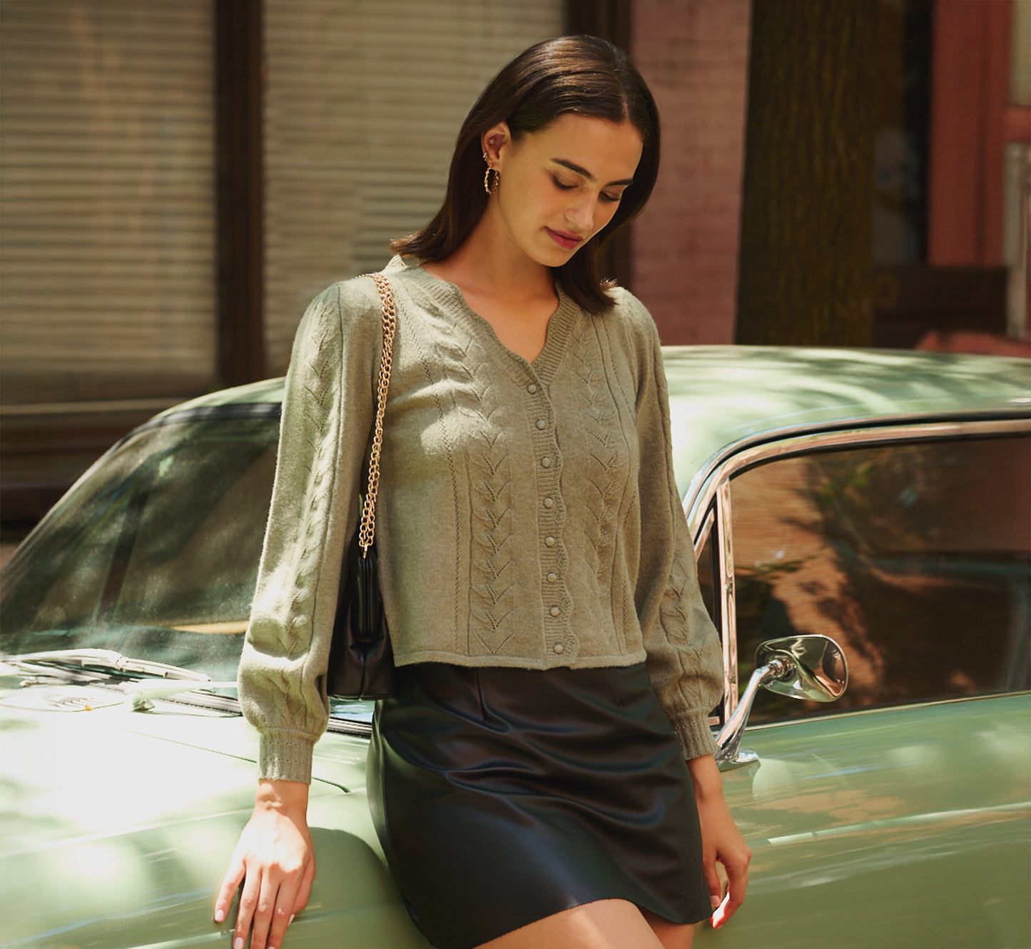 Long Sleeve Scalloped Pointelle Cardigan Sweater In Evergreen Fog