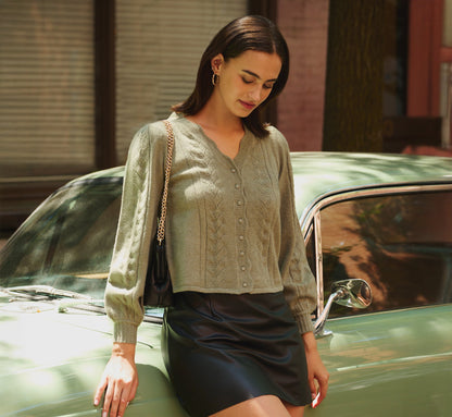 Long Sleeve Scalloped Pointelle Cardigan Sweater In Evergreen Fog