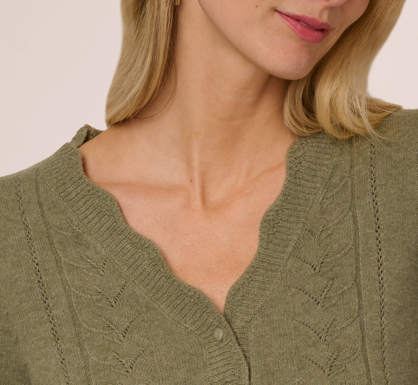 Long Sleeve Scalloped Pointelle Cardigan Sweater In Evergreen Fog