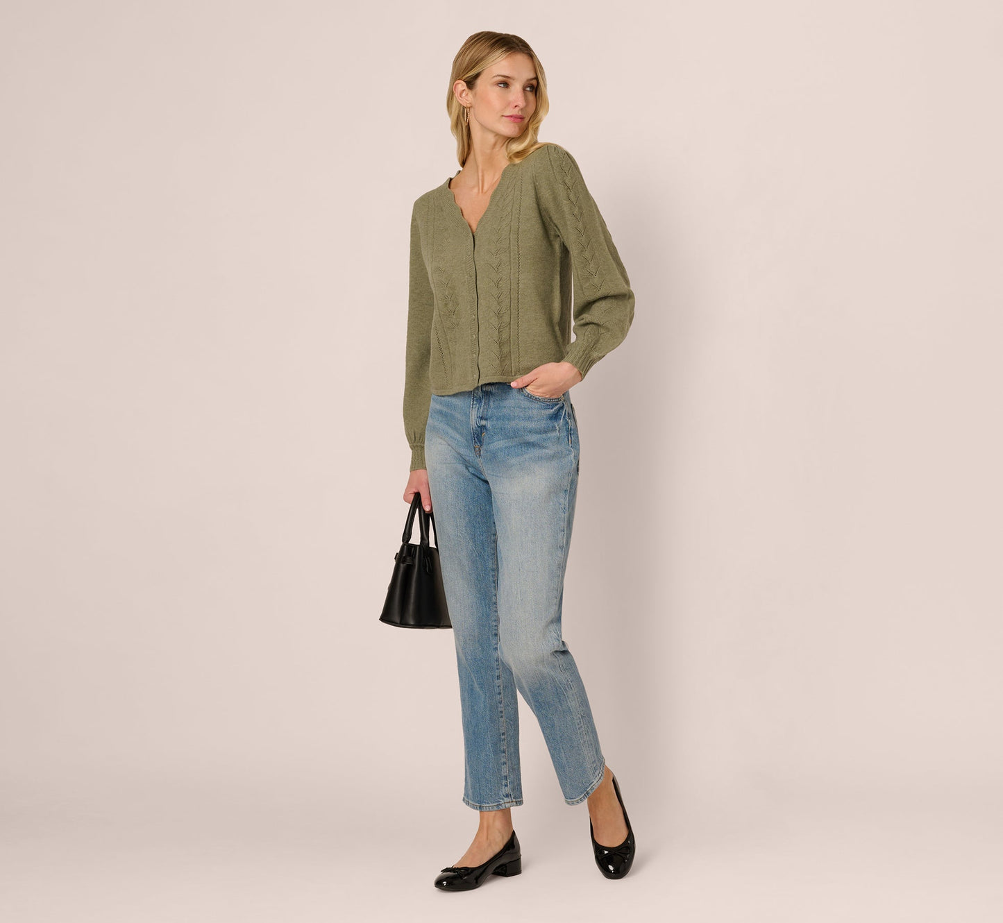 Long Sleeve Scalloped Pointelle Cardigan Sweater In Evergreen Fog