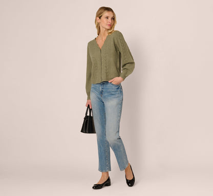 Long Sleeve Scalloped Pointelle Cardigan Sweater In Evergreen Fog