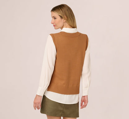 Long Sleeve Sweater Vest Twofer Blouse In Camel Ivory