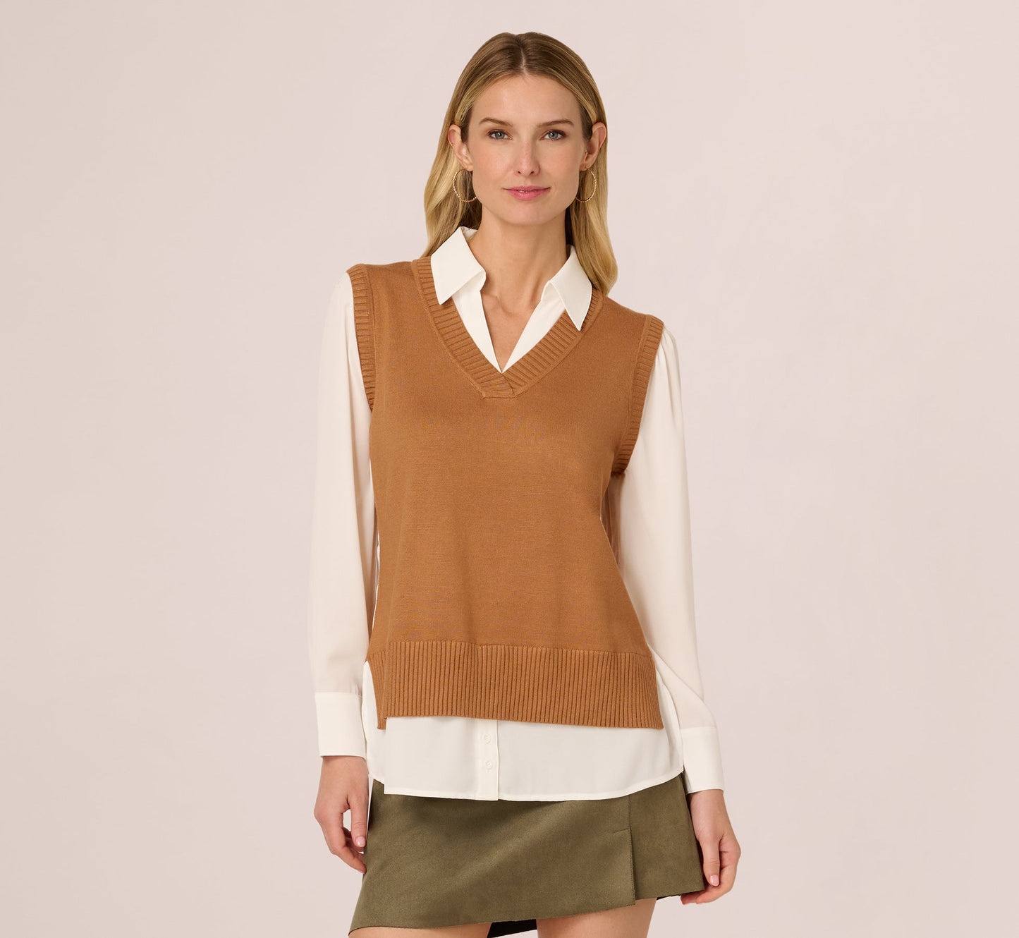 Long Sleeve Sweater Vest Twofer Blouse In Camel Ivory