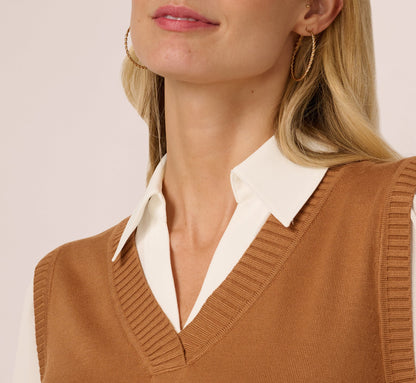 Long Sleeve Sweater Vest Twofer Blouse In Camel Ivory
