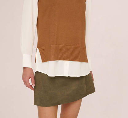 Long Sleeve Sweater Vest Twofer Blouse In Camel Ivory