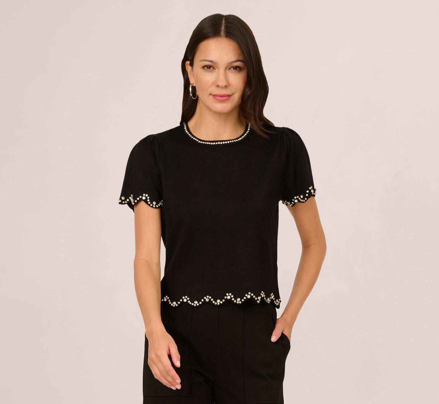 Short Sleeve Rhinestone Sweater Top In Black