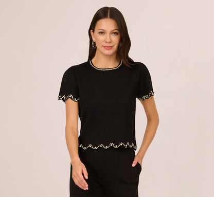 Short Sleeve Rhinestone Sweater Top In Black