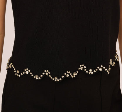 Short Sleeve Rhinestone Sweater Top In Black