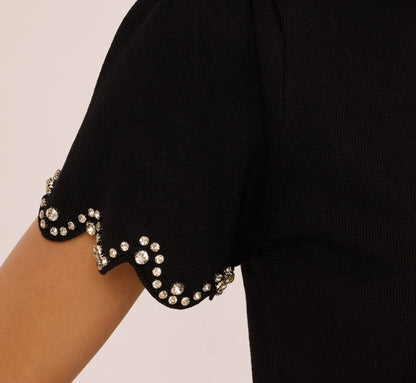 Short Sleeve Rhinestone Sweater Top In Black
