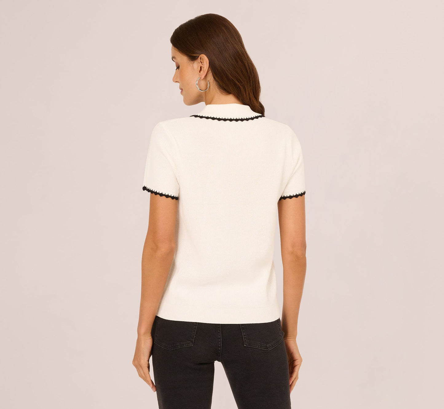 Short Sleeve Scalloped Trim Polo Sweater In Cream Black